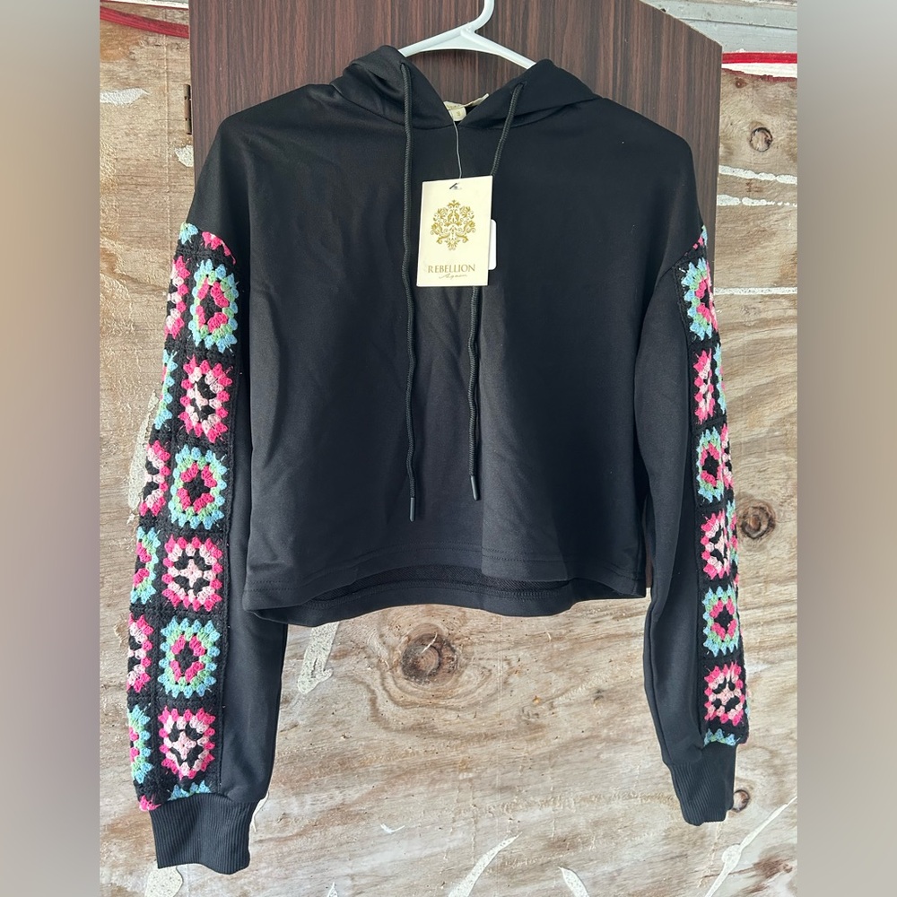 Rebellion Black Hoodie with Colorful Crochet Sleeves